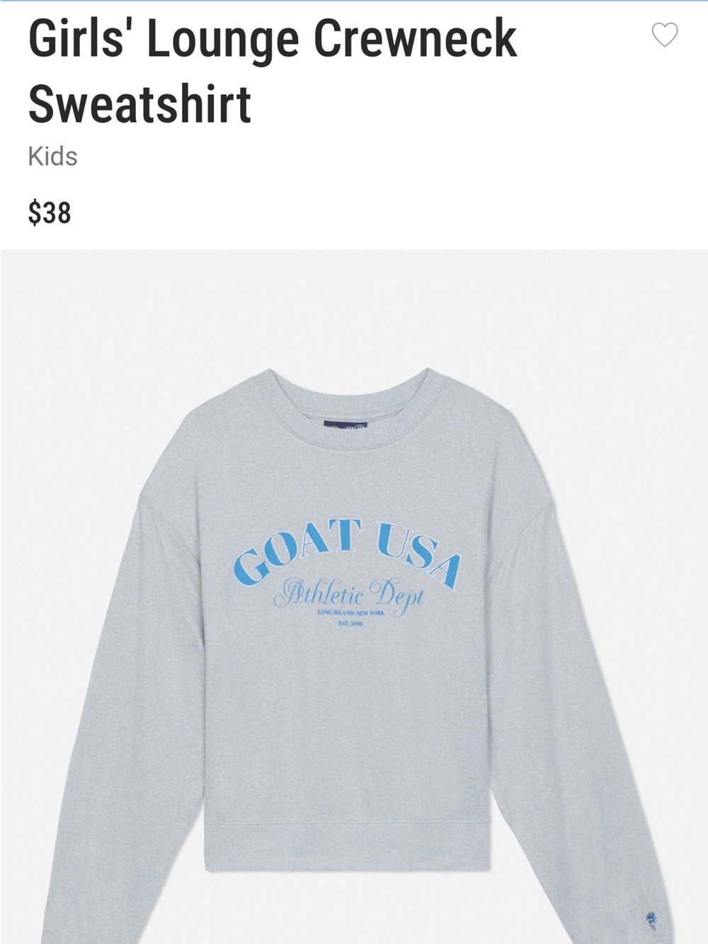 NWT Girls' Lounge Crewneck GOAT USA YXL